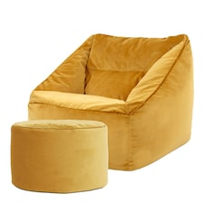 icon Natalia Velvet Adults Bean Bag Armchair and Pouffe, Ready Filled Large Beanbag and Footstool Ochre Yellow Yellow | Yellow