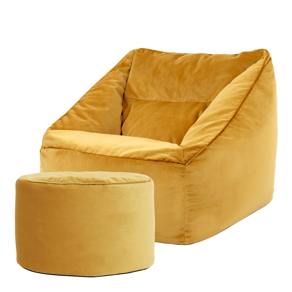 image 1 of icon Natalia Velvet Adults Bean Bag Armchair and Pouffe, Ready Filled Large Beanbag and Footstool Ochre Yellow Yellow | Yellow