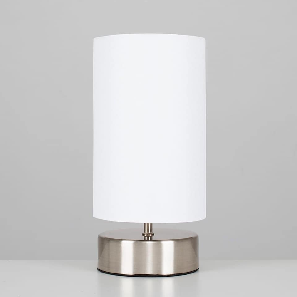 image 1 of ValueLights Brushed Chrome Touch Dimmer Bedside Table Lamp with White Cylinder Light Shade and Dimmable Candle Bulb 3000K Warm White | White