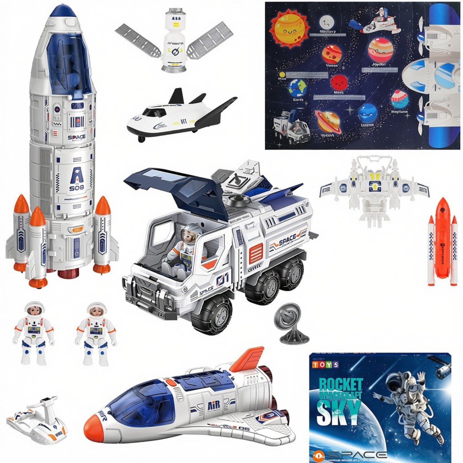 Creative Space Adventure Toys for Kids Space Shuttle Rocket Set with Astronauts Rover Satellite and Solar System Mat