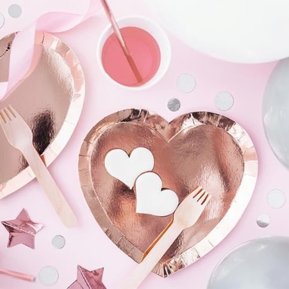image 1 of Rose Gold Heart Shape Foil Paper Plates 21cm - Pack of 6