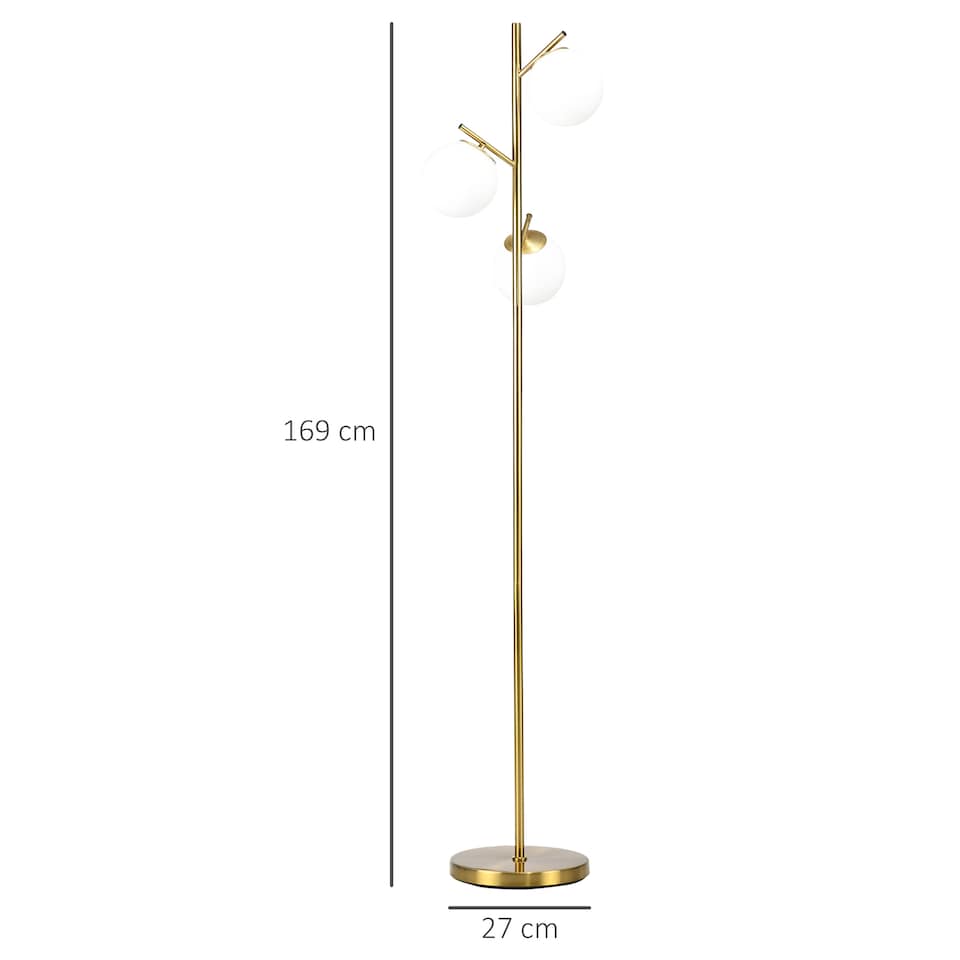 image 1 of HOMCOM 3Light Tree Floor Lamps for Living Room, Modern Standing Lamp for Bedroom with Globe Lampshade, Steel Base, Bulb not Included, Gold Tone