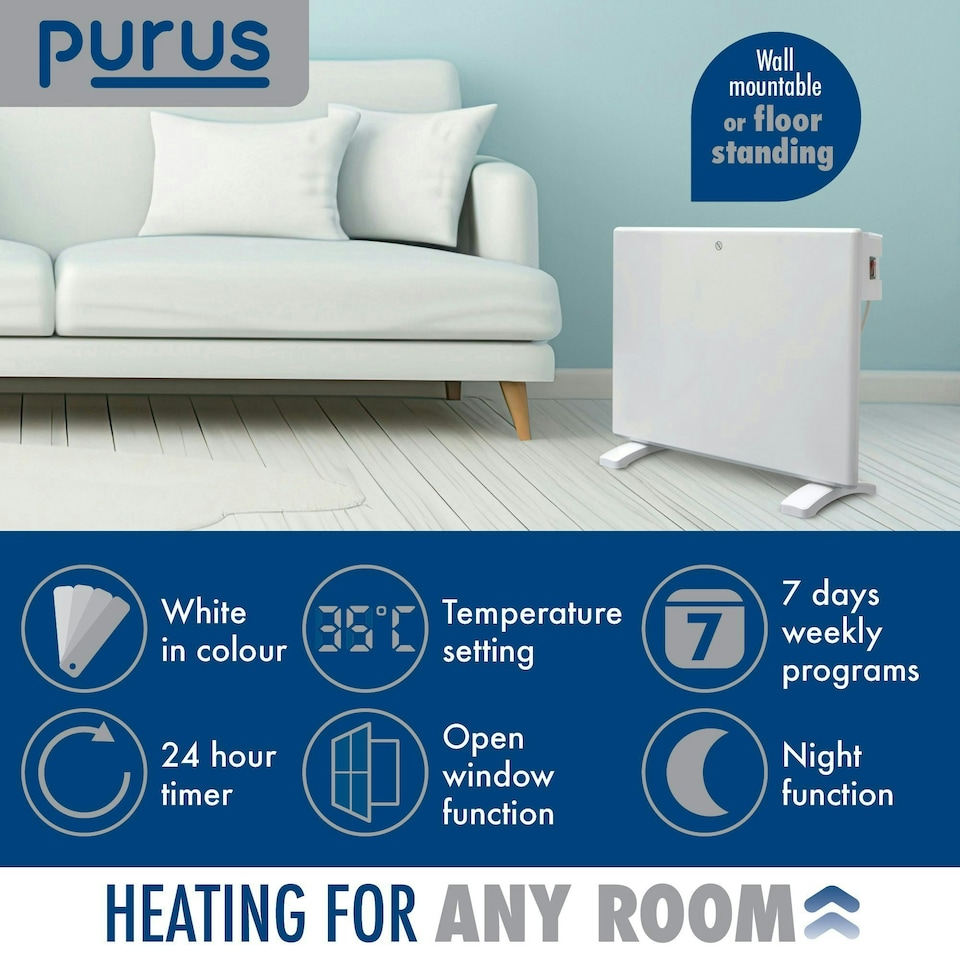 image 1 of Purus 600W Electric Panel Heater Wall Mounted White Radiator