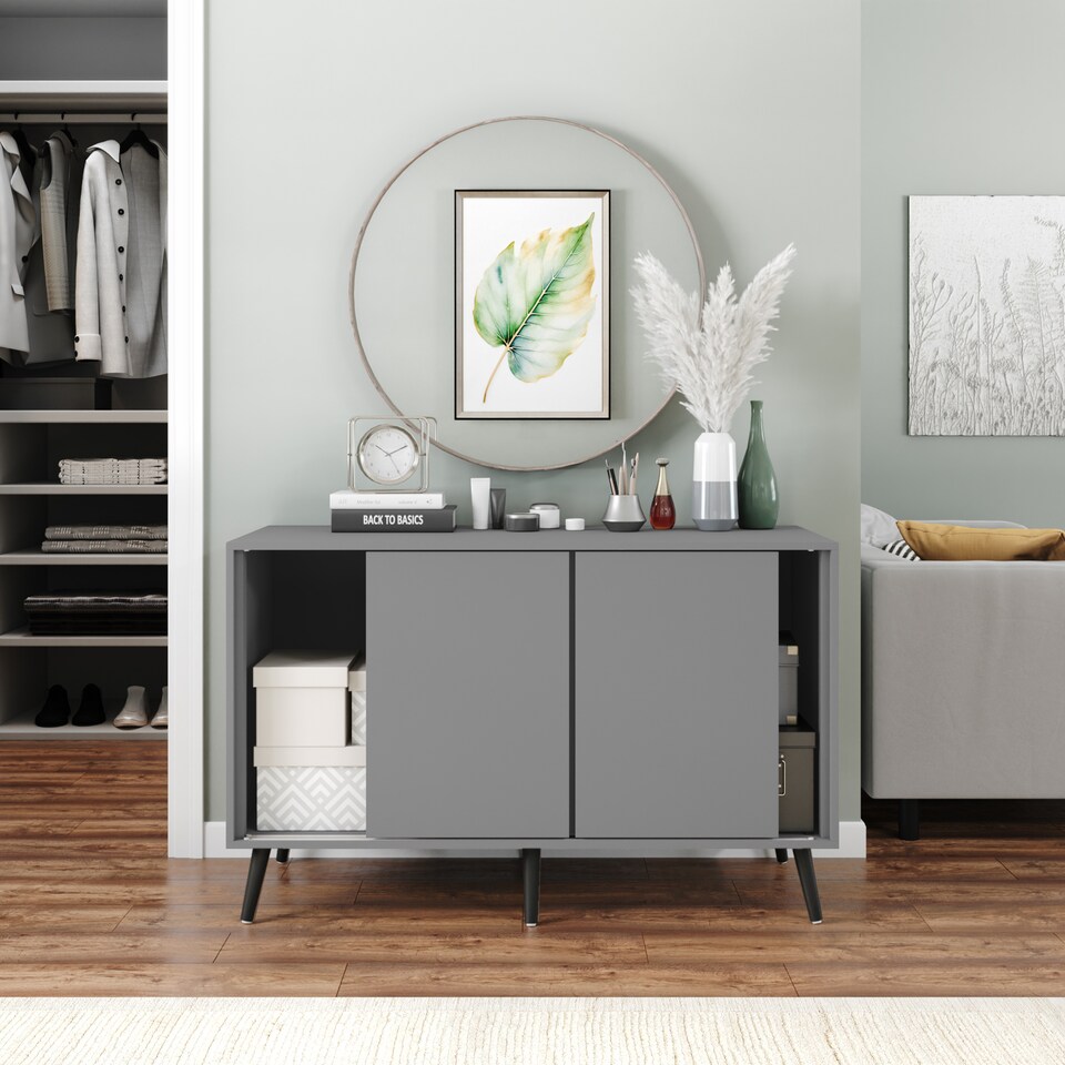 image 1 of URBNLIVING Grey Carcass 3 Door Sliding Storage Cabinet | Multi | Grey Doors & Black Legs | 1