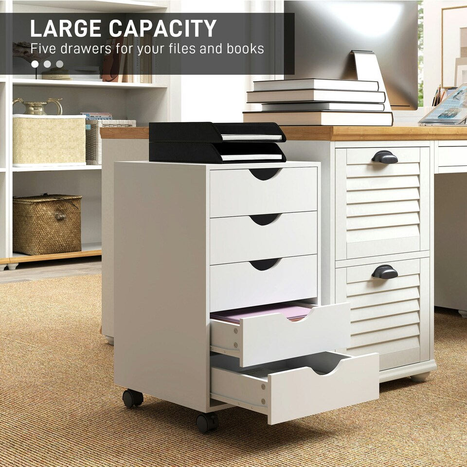 image 1 of HOMCOM Mobile Vertical Filing Cabinet with 5 Drawers for Home Office, White 