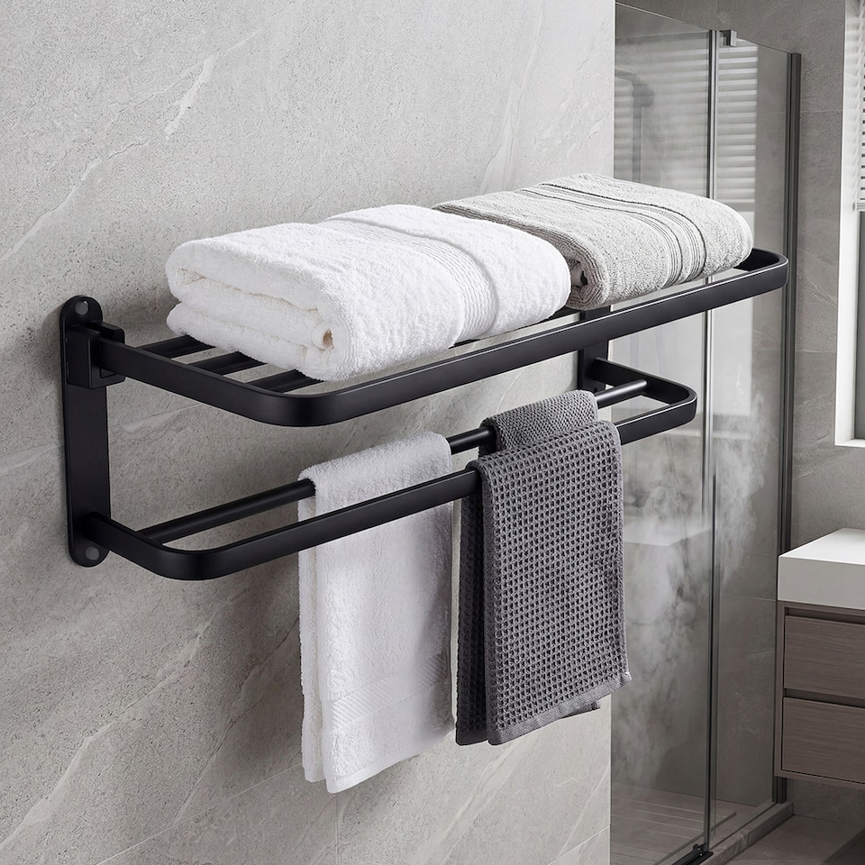 image 1 of Levede Towel Holder with 2 Bars Wall Mounted No Drill Bathroom Shelf Black