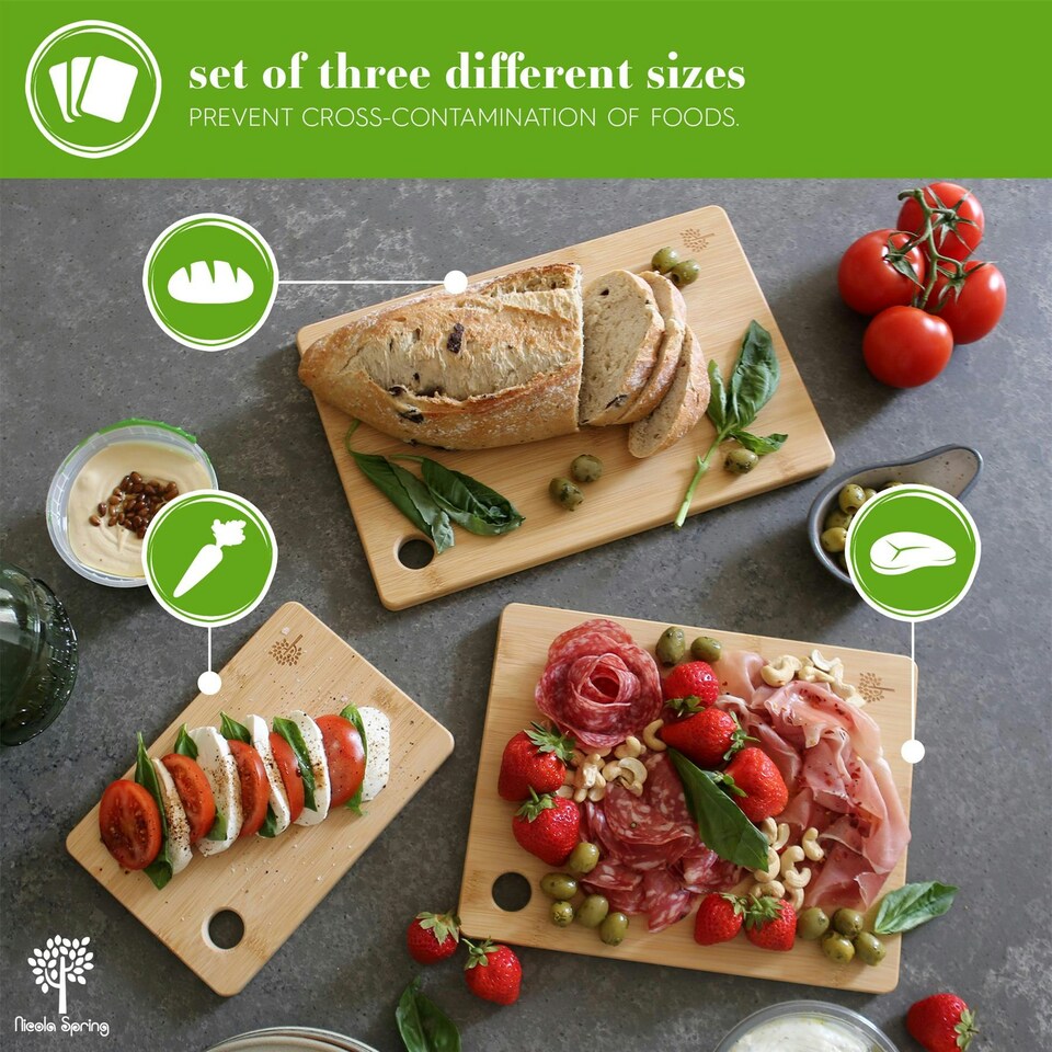 image 1 of Nicola Spring 3pc Bamboo Chopping Board Set 100% Bamboo Natural Cutting Serving Worktop Saver Boards Brown