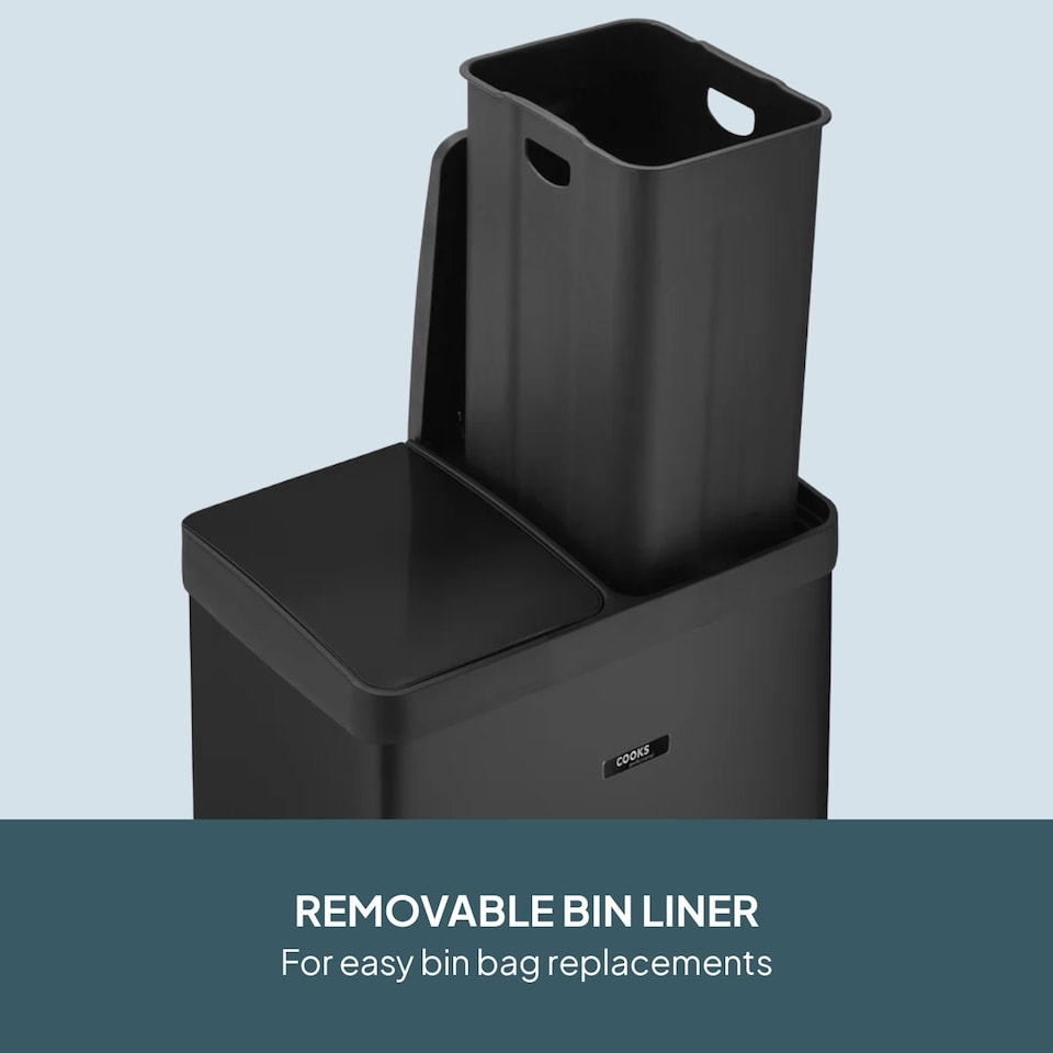 image 1 of Cooks Professional Dual Pedal Recycle Bin 60L with 2 x Compartments & Soft Close Lids | Black