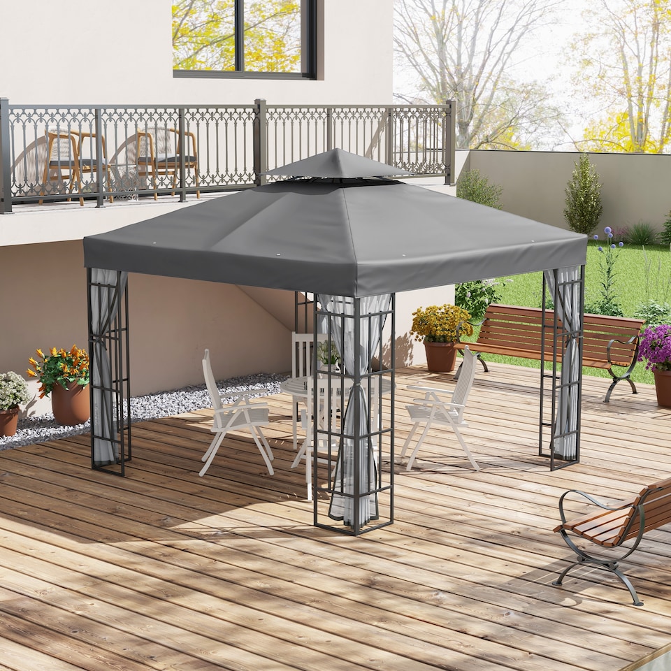 image 1 of Outsunny 3 x 3m Patio Gazebo Canopy Garden Pavilion Tent Shelter with 2 Tier Roof and Mosquito Netting, Steel Frame, Grey
