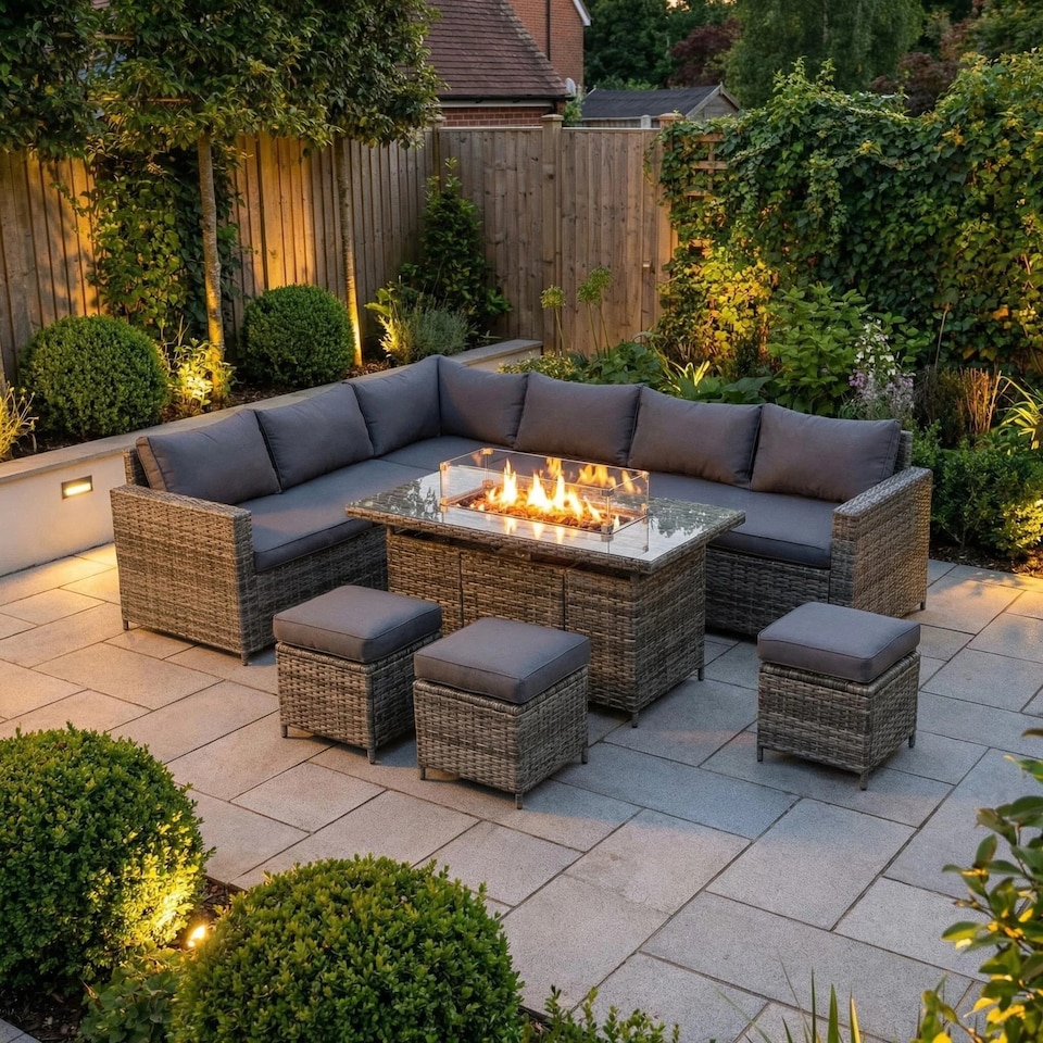 image 1 of The Tarporley Grey 9 Seat Corner Rattan Dining Set - Fire Pit