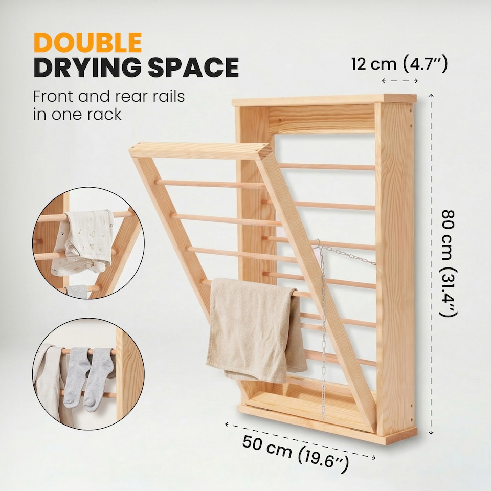 image 1 of Natural Wall Mounted Wooden Clothes Drying Rack with Double side Rails - Foldable and Space-Saving Clothes Airer