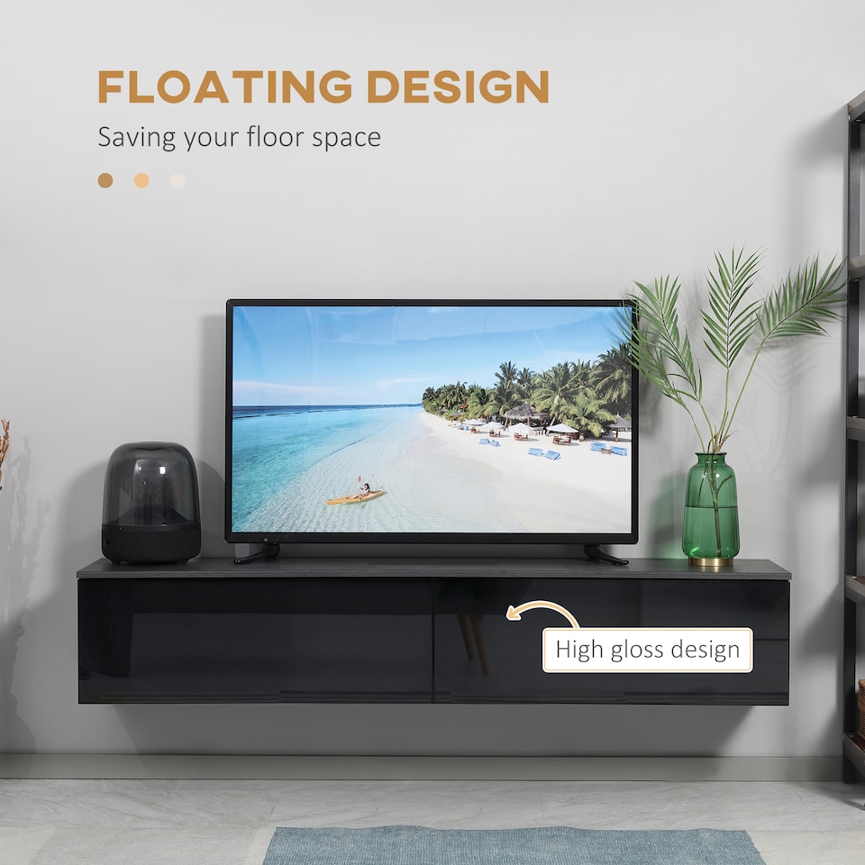 image 1 of HOMCOM Wall Mounted TV Stand Unit with Storage and High Gloss Effect, Black