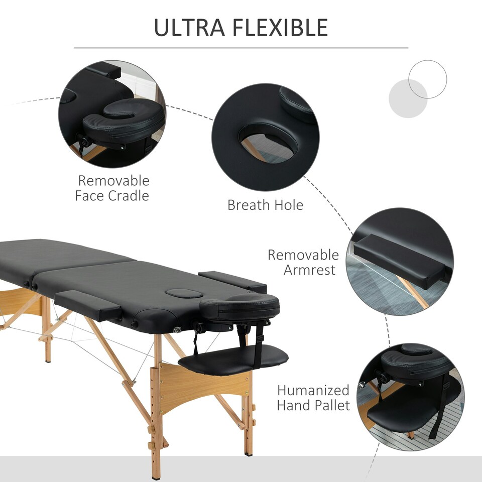 image 1 of HOMCOM Wooden Folding Spa Beauty Massage Table w/ 2 Sections, Carry Bag, Black