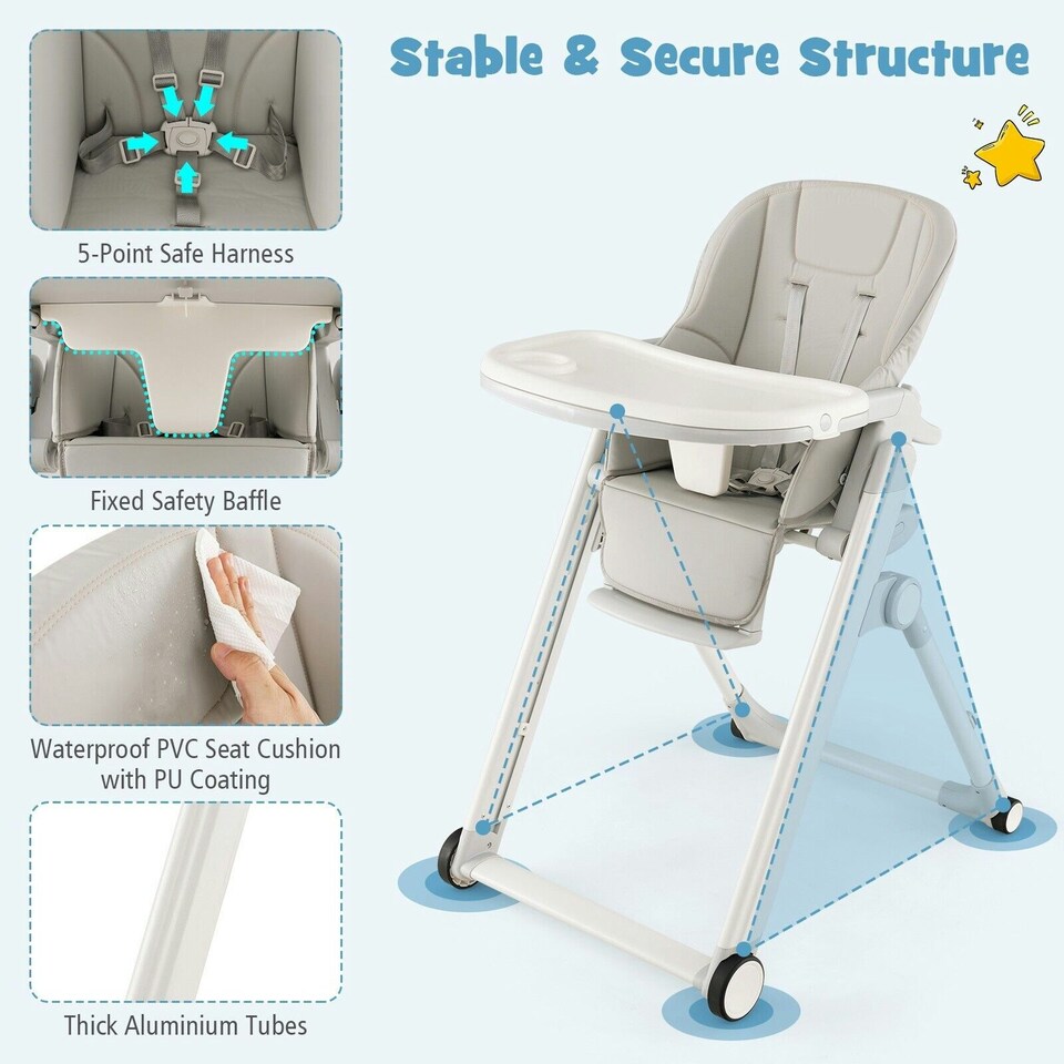 image 1 of COSTWAY Foldable Baby High Chair Convertible Chair Light Grey