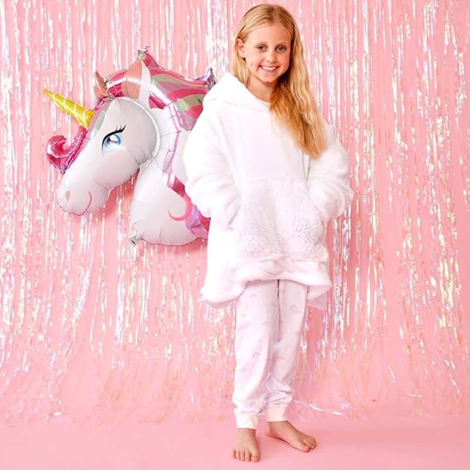 image 1 of Dreamscene Kids Unicorn Oversized Sherpa Fleece Hoodie Blanket White