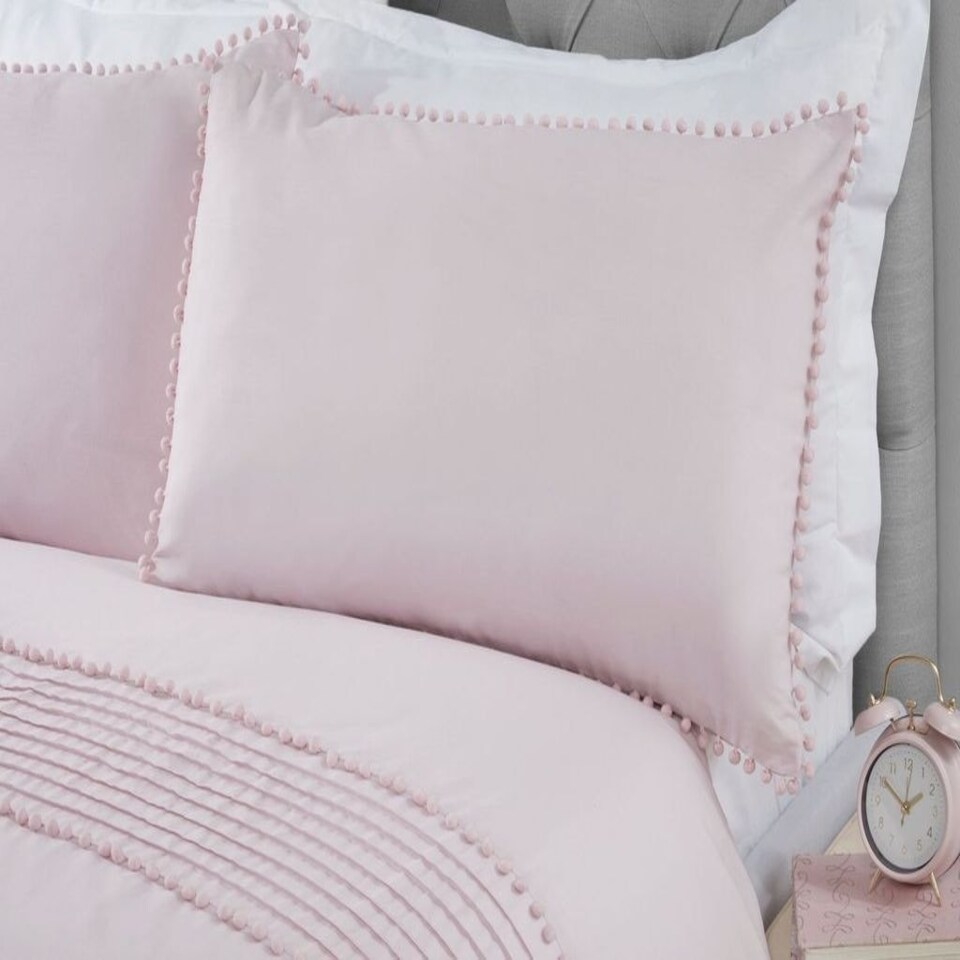 image 1 of Pom Poms Polycotton Duvet Cover Set with Pillowcase | Pink | King | 1