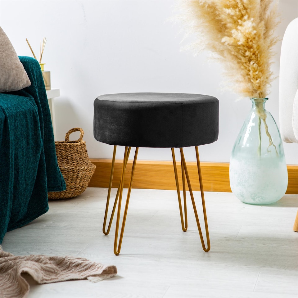image 1 of Harbour Housewares Velvet Footstool - Round Modern Dressing Table Footstool Vanity Seat Chairs - 40 x 35cm - Black/Gold | Black | Black/Gold | Pack of 1 | 1