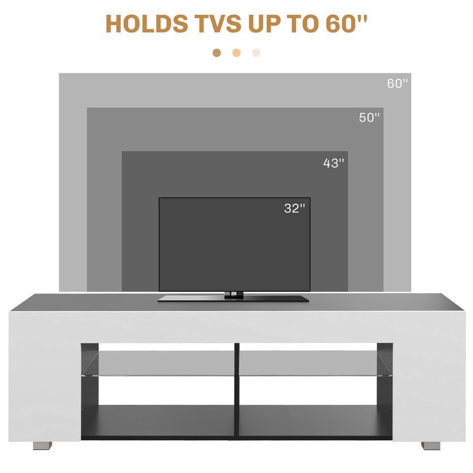 image 1 of HOMCOM TV Stand Cabinet, 145cm Modern TV Unit with Glass Shelves, RGB LED Light for Living Room, Entertainment Unit for 32 40 43 50 52 55 60 inch 4k TV, White