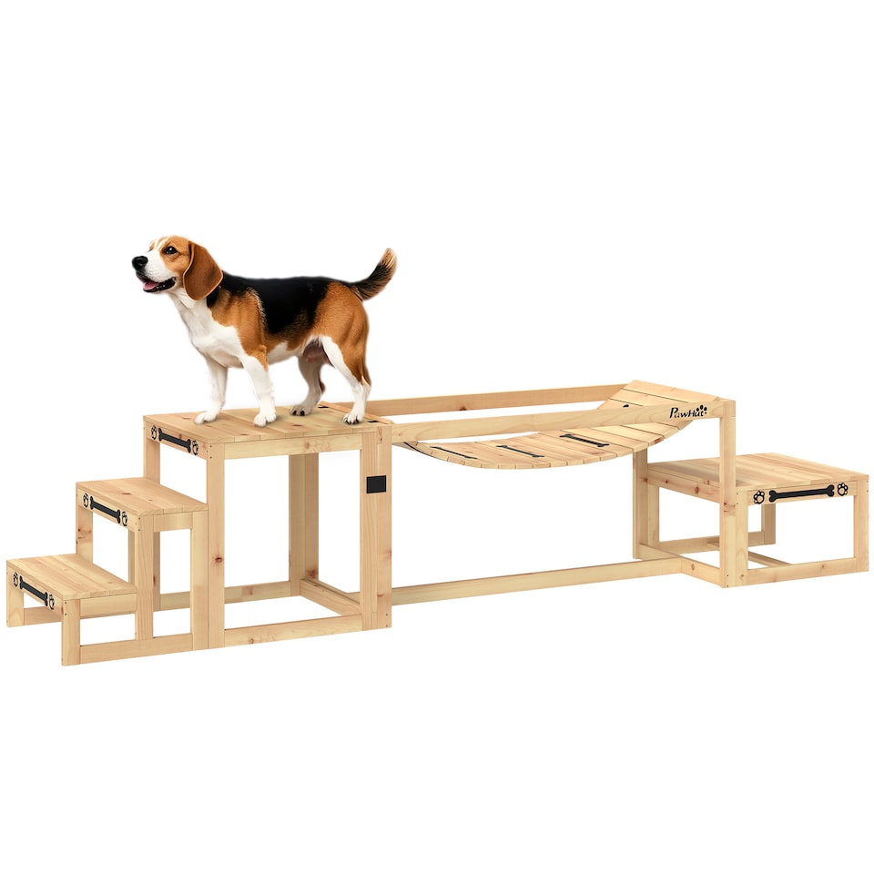 image 1 of PawHut Dog Agility Equipment 3 Pieces Wooden Dog Agility Set with Soft Bridge, Pause Platform and Pet Stair for Outdoor, Natural Wood