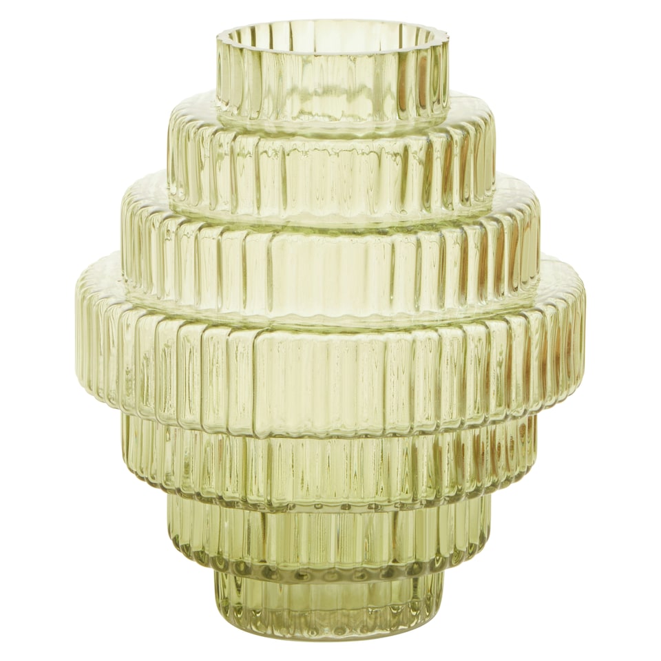 image 1 of Interiors by Premier Tiered Small Green Glass Vase, Eye Catching Layered Modern Vase, Ribbed Glass Vase, Decorative Vase Green