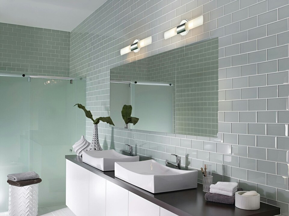 image 1 of Modern Chrome IP44 Rated Bathroom Wall Light Fitting with Tubular Glass Shades | Chrome