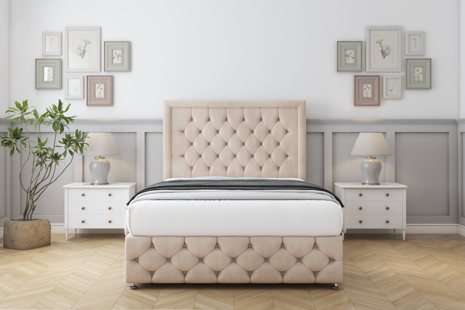 image 1 of Sloomy Vienna Sand Naples Divan Bed With Mattress No Drawers With 26" Strutted Headboard & 12" Matching Footboard 4'6 Double | Cream | Sand | Double | 1