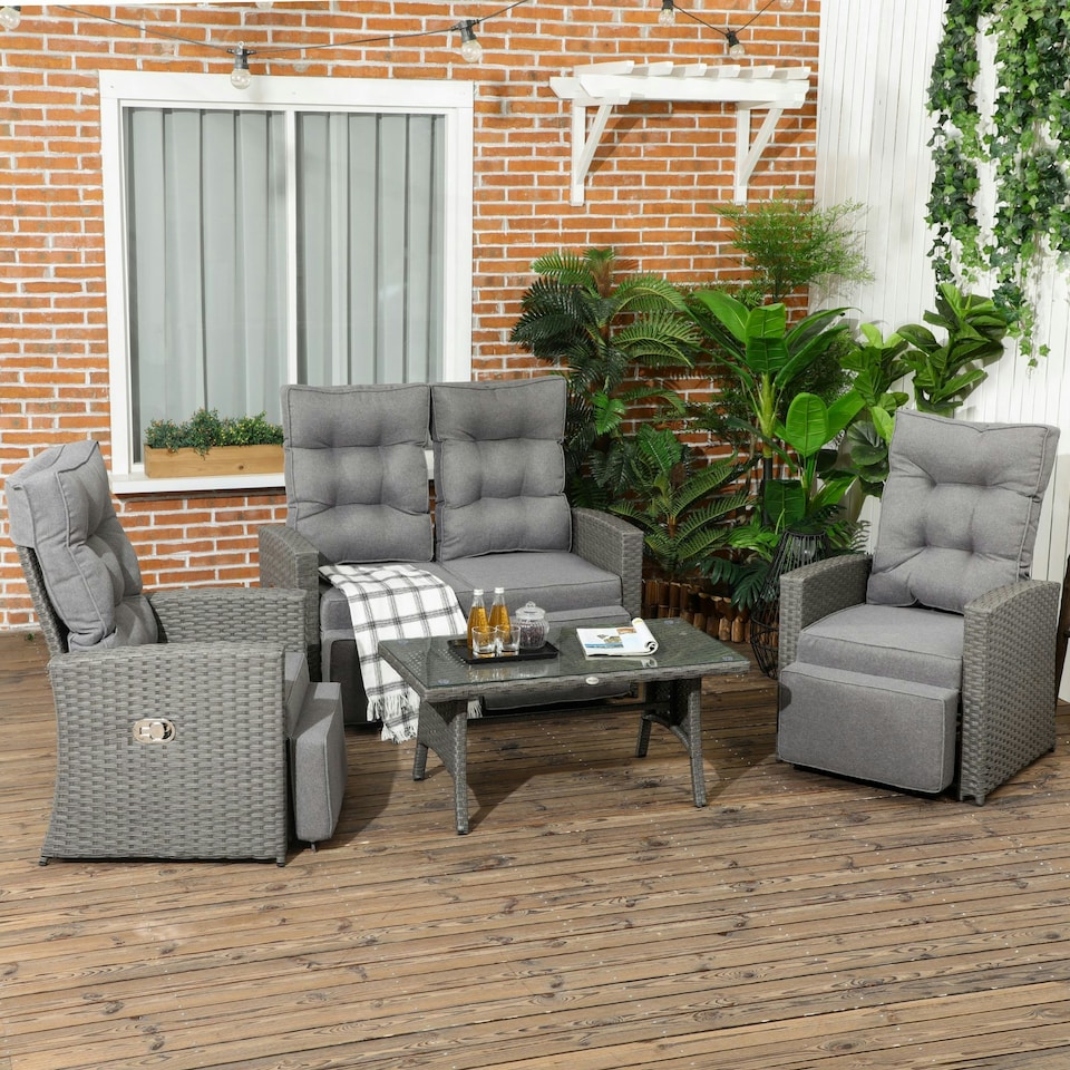 image 1 of Outsunny 4 Piece Rattan Garden Furniture Set with Sofa, Glass Table, Grey