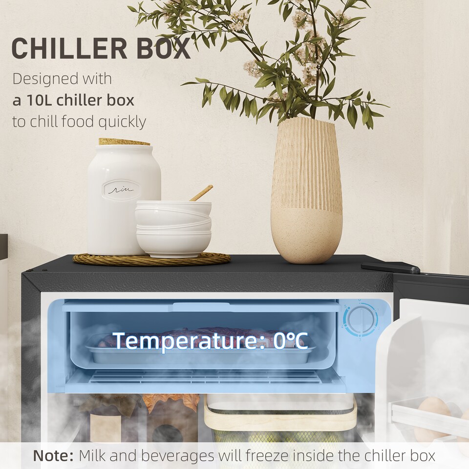 image 1 of HOMCOM Under Counter Fridge, 91L Small Fridge with Chiller Box, Removable Shelf, Reversible Door, Adjustable Legs, Mini Refrigerator,  Silver Tone | Silver