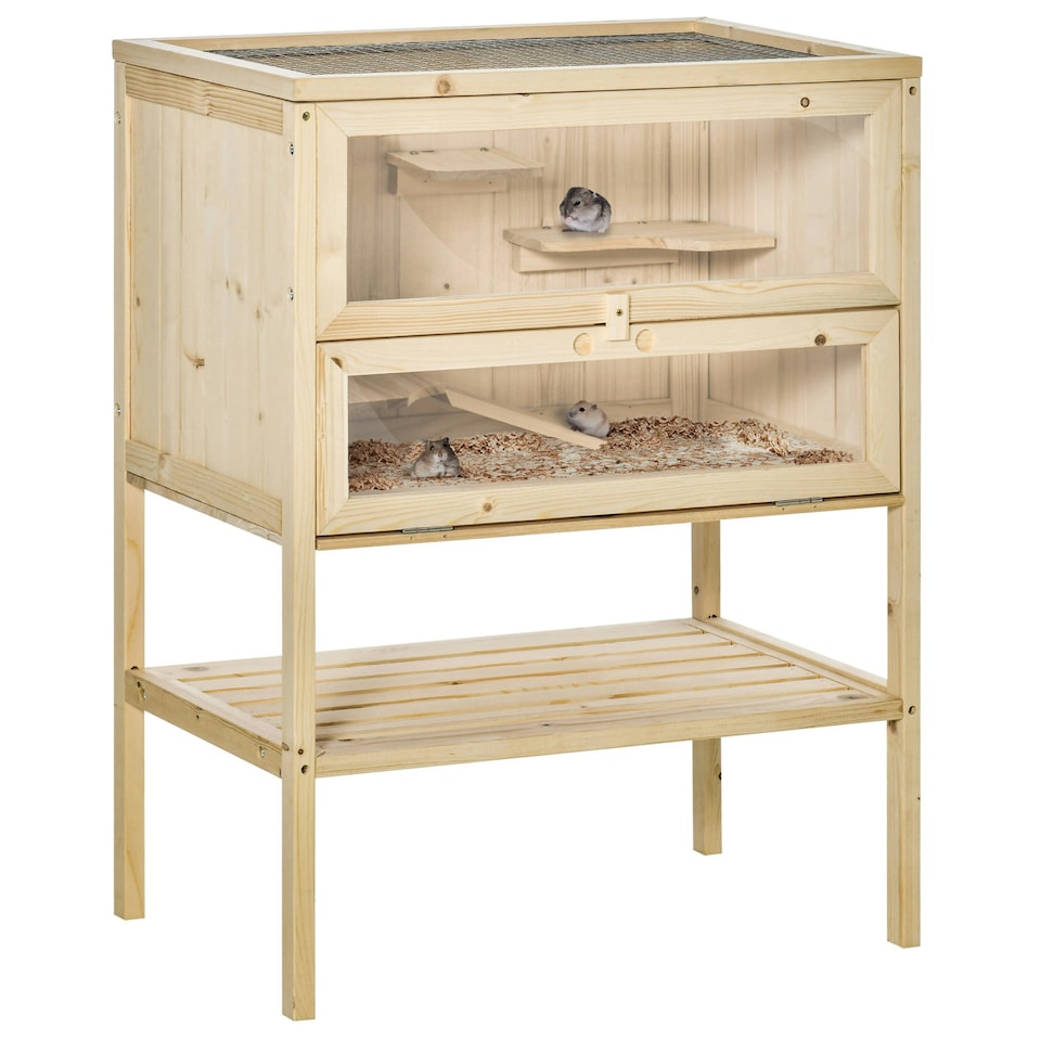 image 1 of PawHut Wooden Hamster Cage w/ Storage Shelf, Openable Top for Gerbils