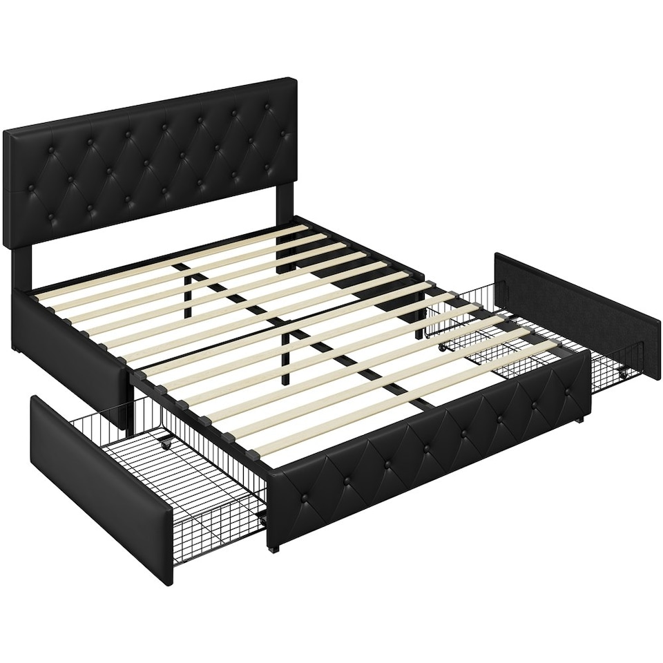image 1 of Yaheetech 150 cm W × 200 cm L Bed Frame with Adjustable Headboard and 2 Drawers Black