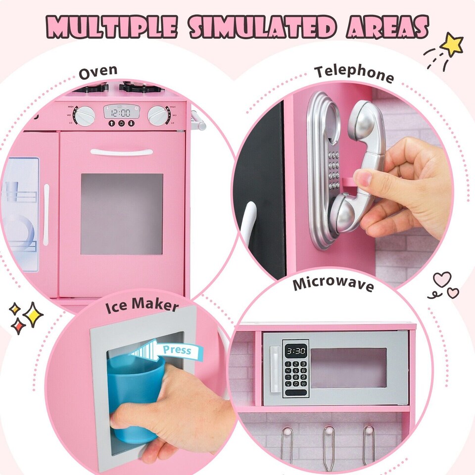 image 1 of COSTWAY Wooden Play Kitchen Kids Pretend Play Toy w/ Blackboard Phone