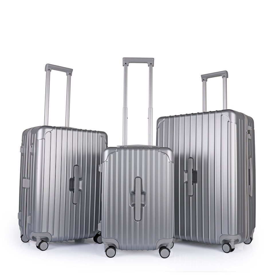 image 1 of 3 Piece Suitcase Set with Built-in Cupholder, Lightweight Luggage | Silver | Silver