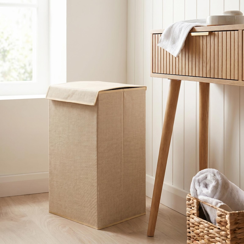 image 1 of OHS Faux Linen Laundry Basket Folding Hamper Bag with Lid