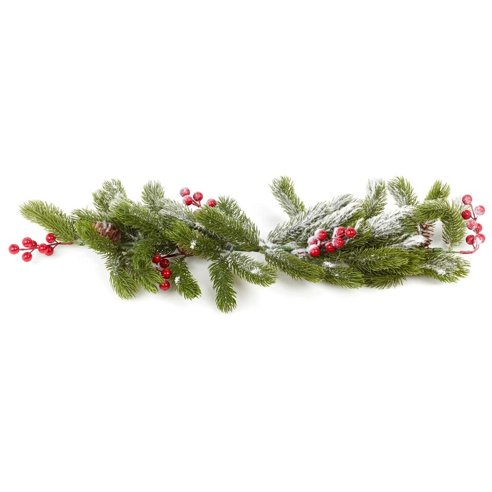 image 1 of 76cm Snowy Christmas Branch Flocked Pine Cone Red Holly Berries Pick Xmas Decor | Multi | 2