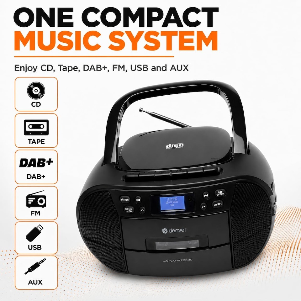 image 1 of Denver Portable Radio CD Tape Cassette Player With DAB Radio – Mains or Battery Power - TDC-280 | Black
