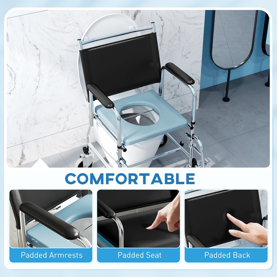 image 1 of HOMCOM Shower Wheelchair, Commode Wheeled Chair with Padded Seat, Backrest