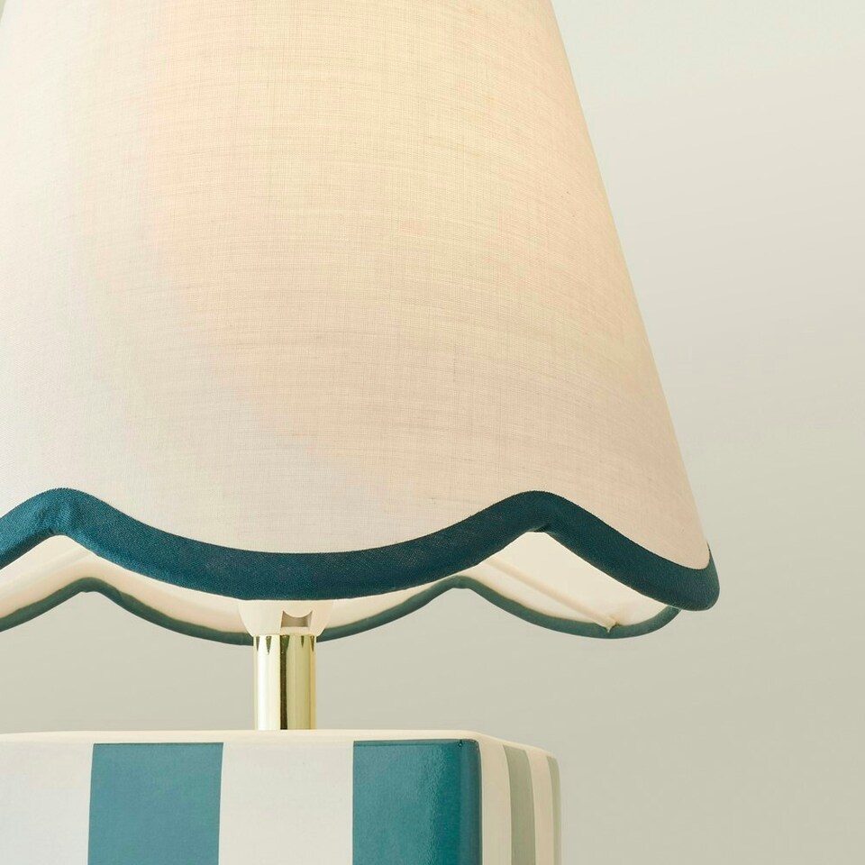 image 1 of ValueLights Evie Ceramic Cube Checkered Table Lamp with Sage Green Trim Linen Scallop Lamp Shade