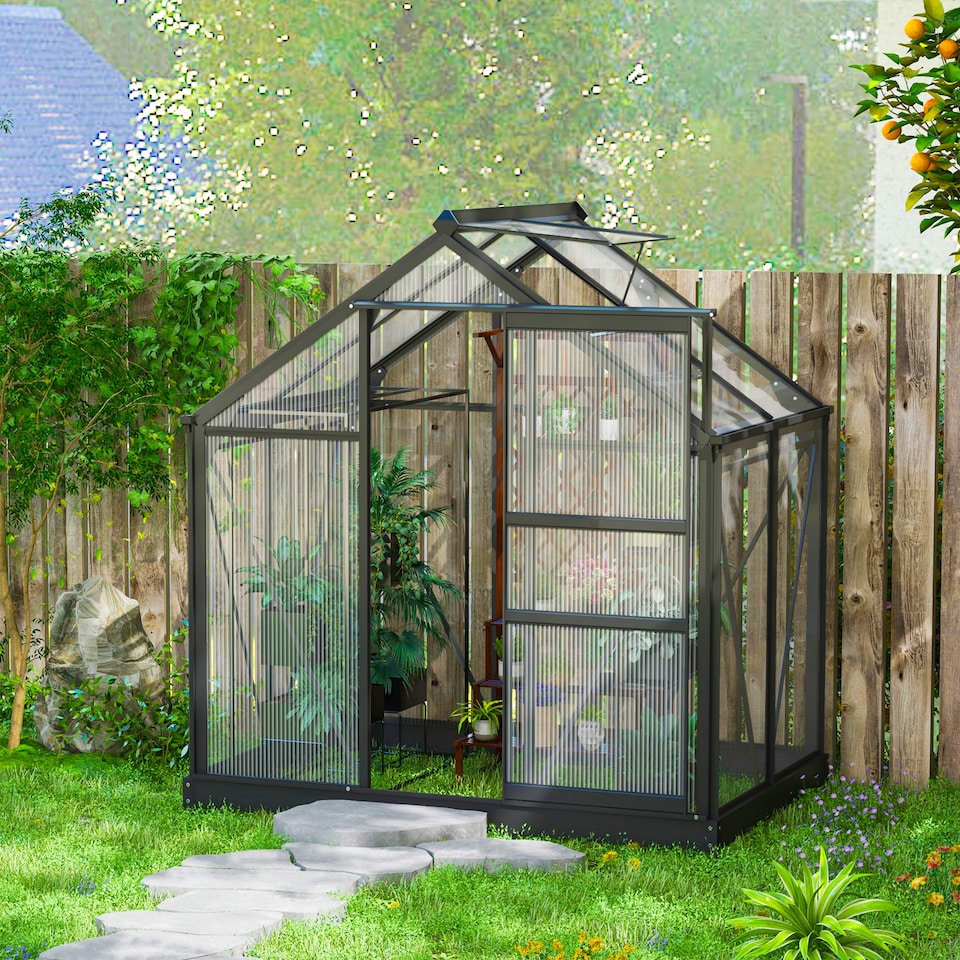 image 1 of Outsunny 6x4ft Walk-In Polycarbonate Greenhouse Plant Grow Galvanized