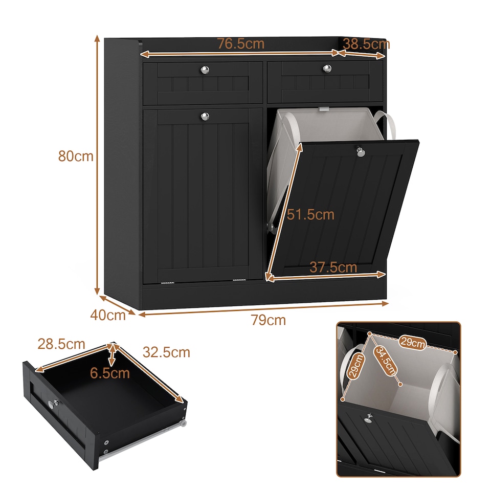 image 1 of COSTWAY Double Tilt-Out Laundry Hamper Cabinet Black