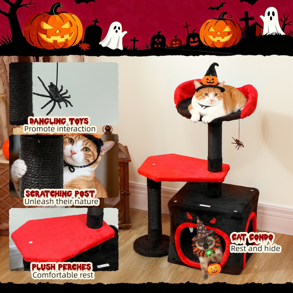 image 1 of PawHut Gothic Cat Tree with Scratching Posts, Black, Halloween