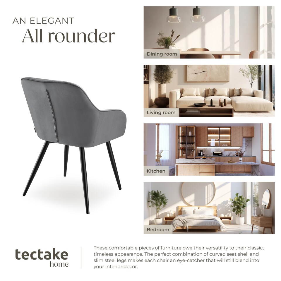 image 1 of Dining Chair Marilyn - velvet look, quilted pattern | Grey | grey/black | 6