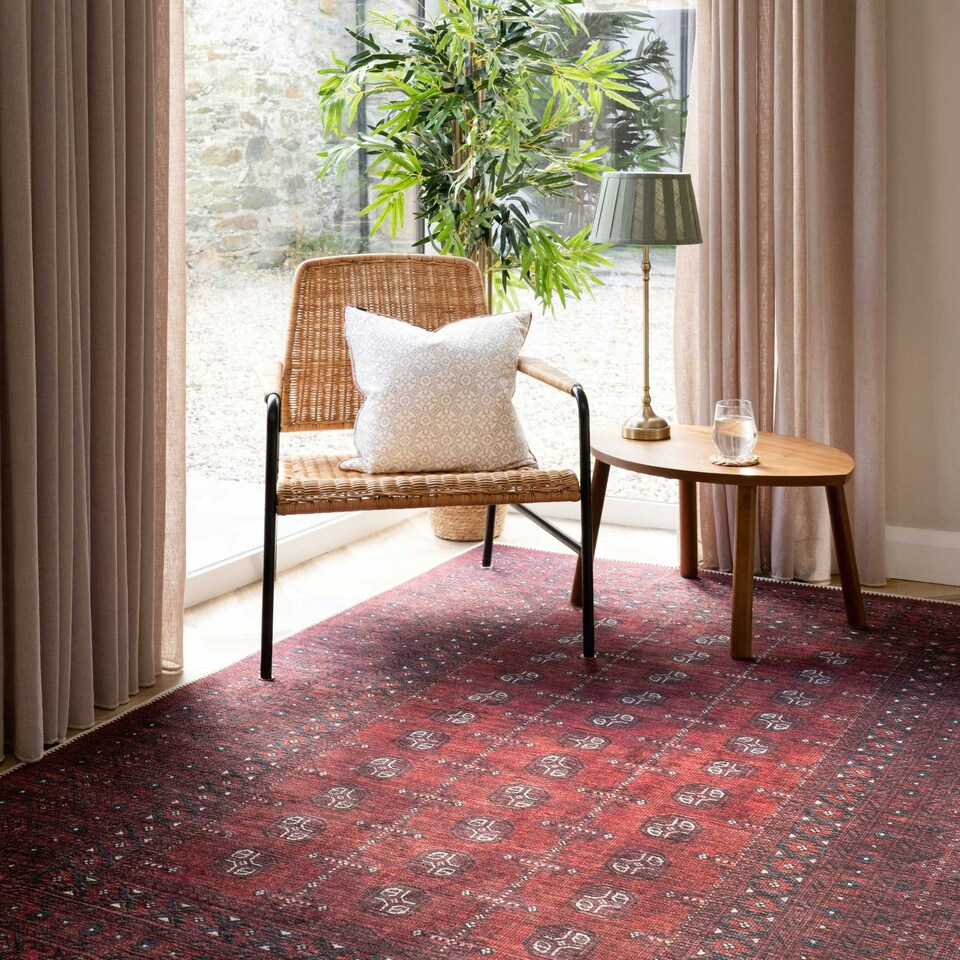 image 1 of KUKOON Distressed Red Traditional Persian Non Slip Washable Low Pile Rug 60cm x 110cm Red