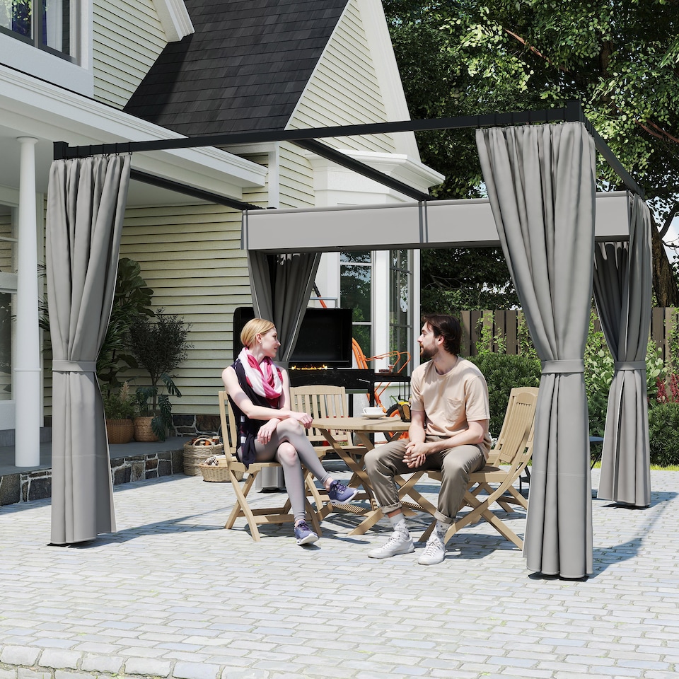 image 1 of Outsunny 3 x 3(m) Pergola with Retractable Roof and Curtains, Light Grey