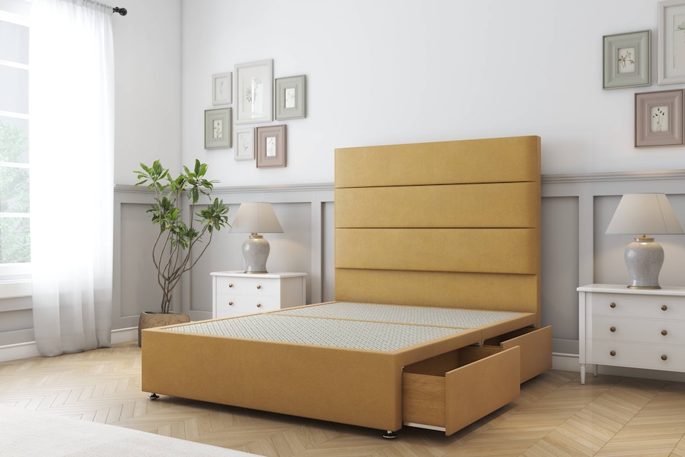 image 1 of Sloomy Texas Mustard Plush Divan Bed Base 2 Drawers Foot-End With 26 Inch Strutted Headboard | Gold | Mustard | Small Double | 1
