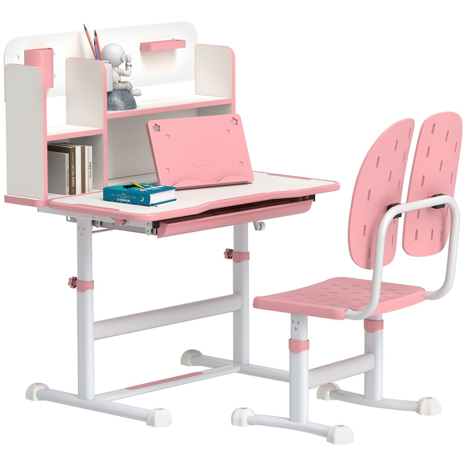 image 1 of AIYAPLAY Kids Desk and Chair Set w Tiltable Desktop, Reading Rack | Pink | 2
