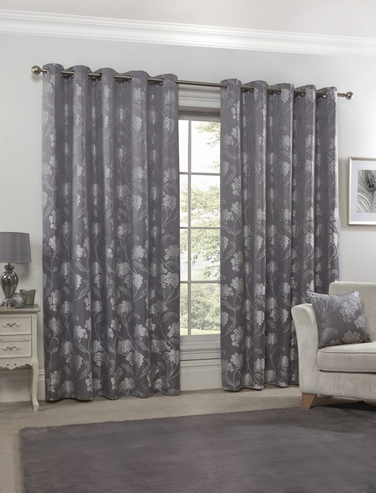 image 1 of English Garden Lined Eyelet Jacquard Curtains 168cm x 228cm Silver | Grey | Grey