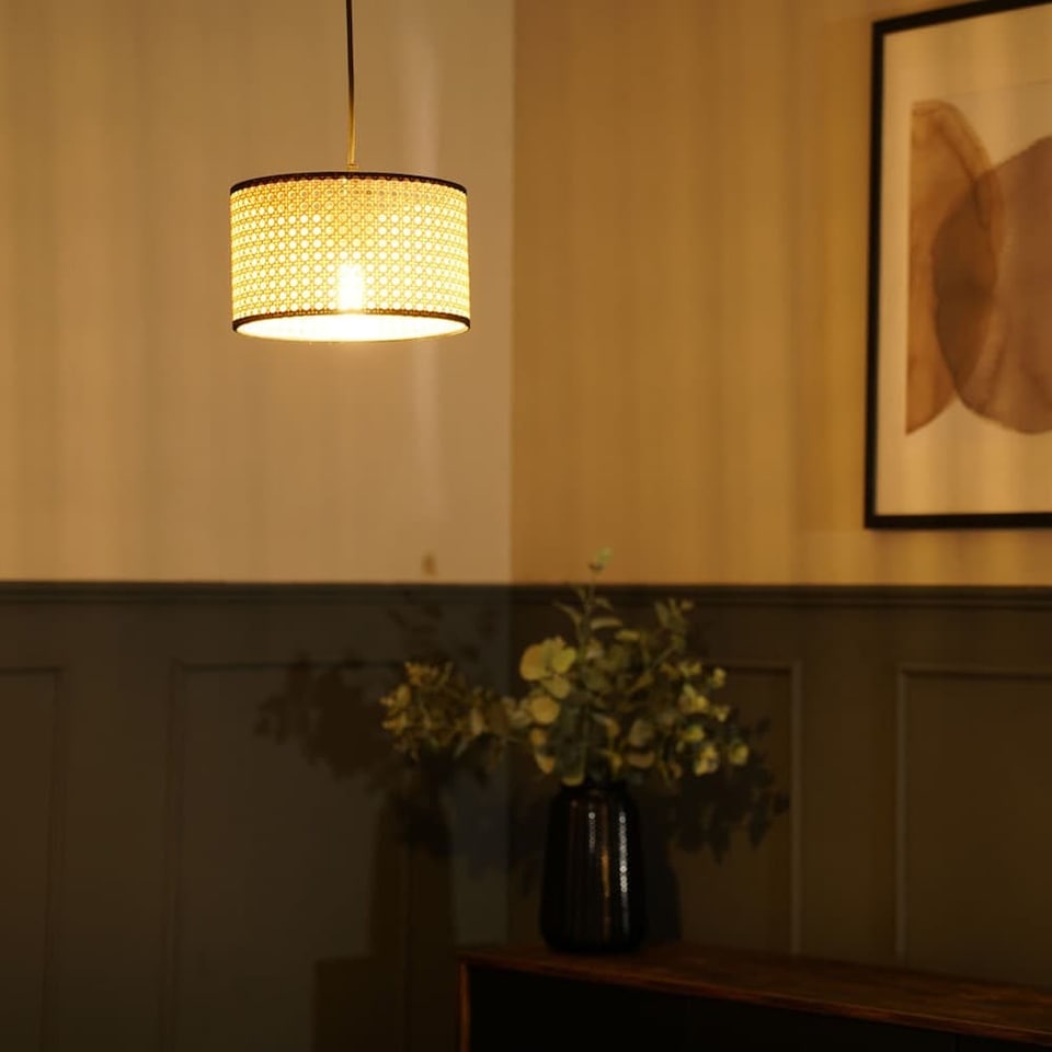 image 1 of ValueLights Small Reni Wood - Cane Natural Drum Floor Lamp Shade | Cream