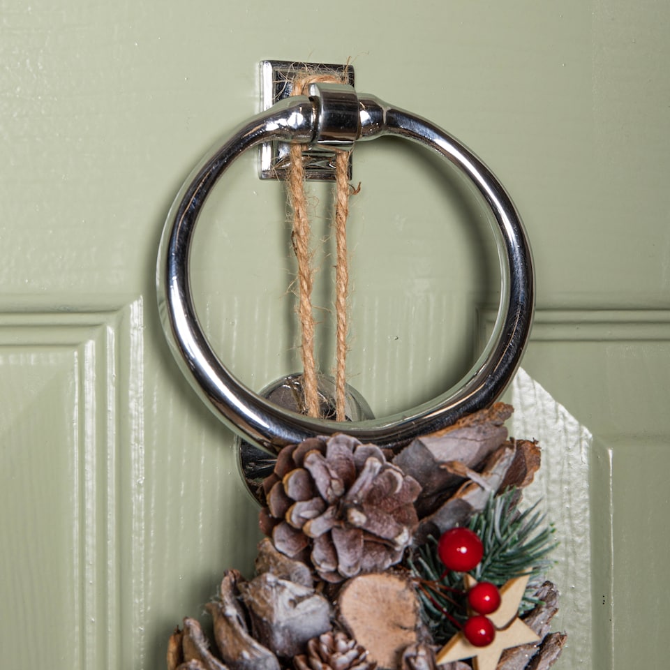 image 1 of 35cm Frosted Hanging Christmas Star Wreath with Red Jingle Bells & Wooden Stars