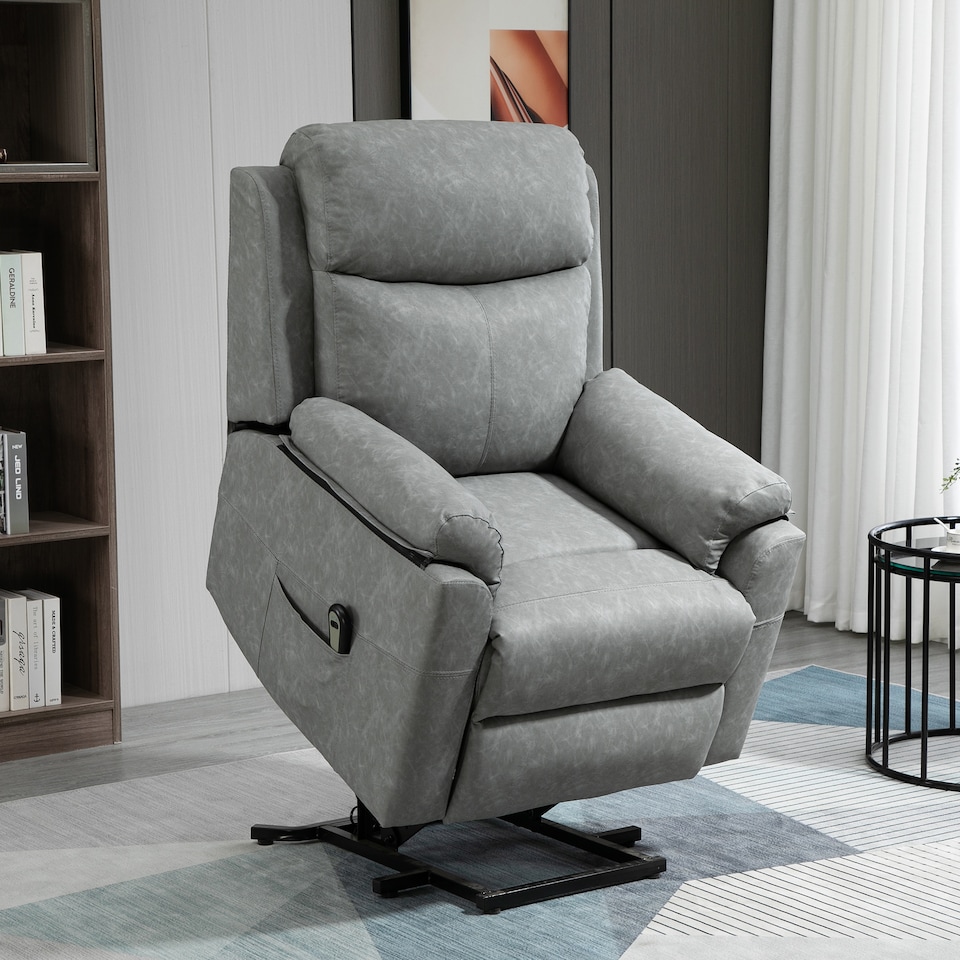 image 1 of HOMCOM Power Lift Recliner Chair, Electric Lift Chair for Elderly, Overstuffed Faux Leather Riser and Reclining Armchair with Remote Control, Side Pockets, for Living Room, Grey | Grey | Grey