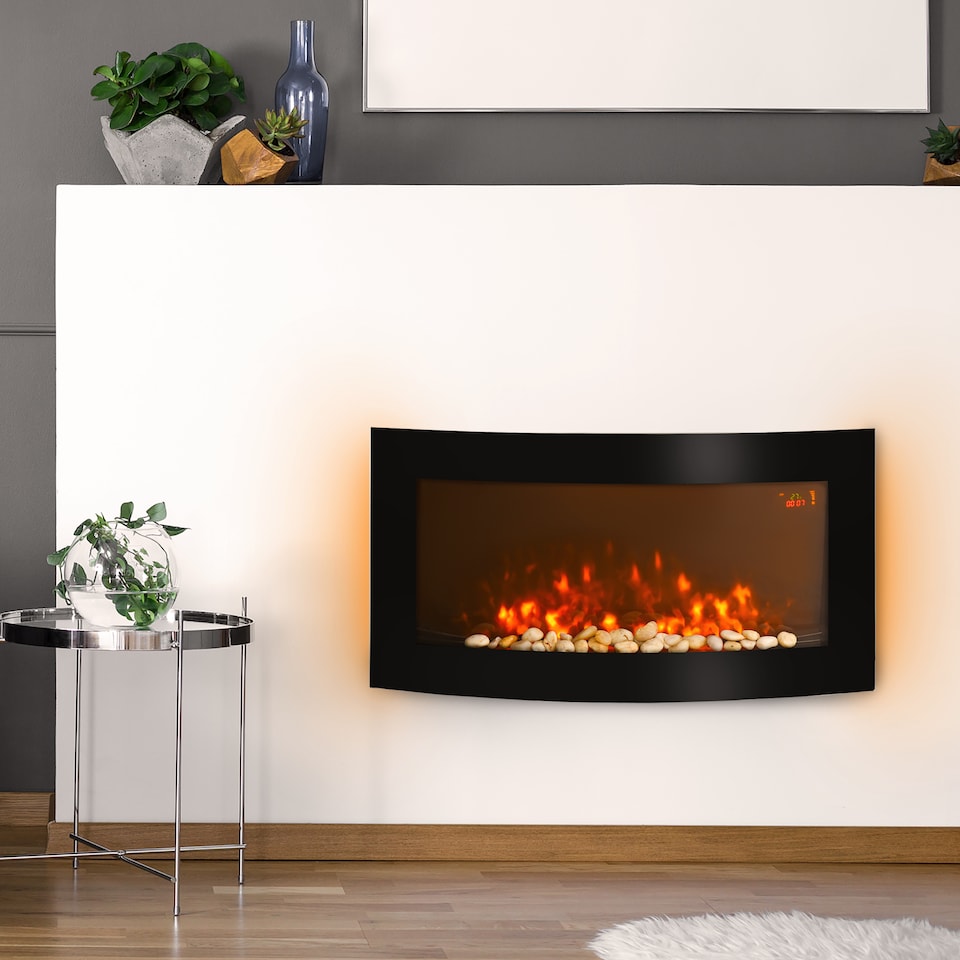 image 1 of HOMCOM Led Wall Mounted Fireplace Curved Glass Electric Fire Place Fire Place 7 Colour Side Lights Slimline, 10002000W, 89.2cm  48cm